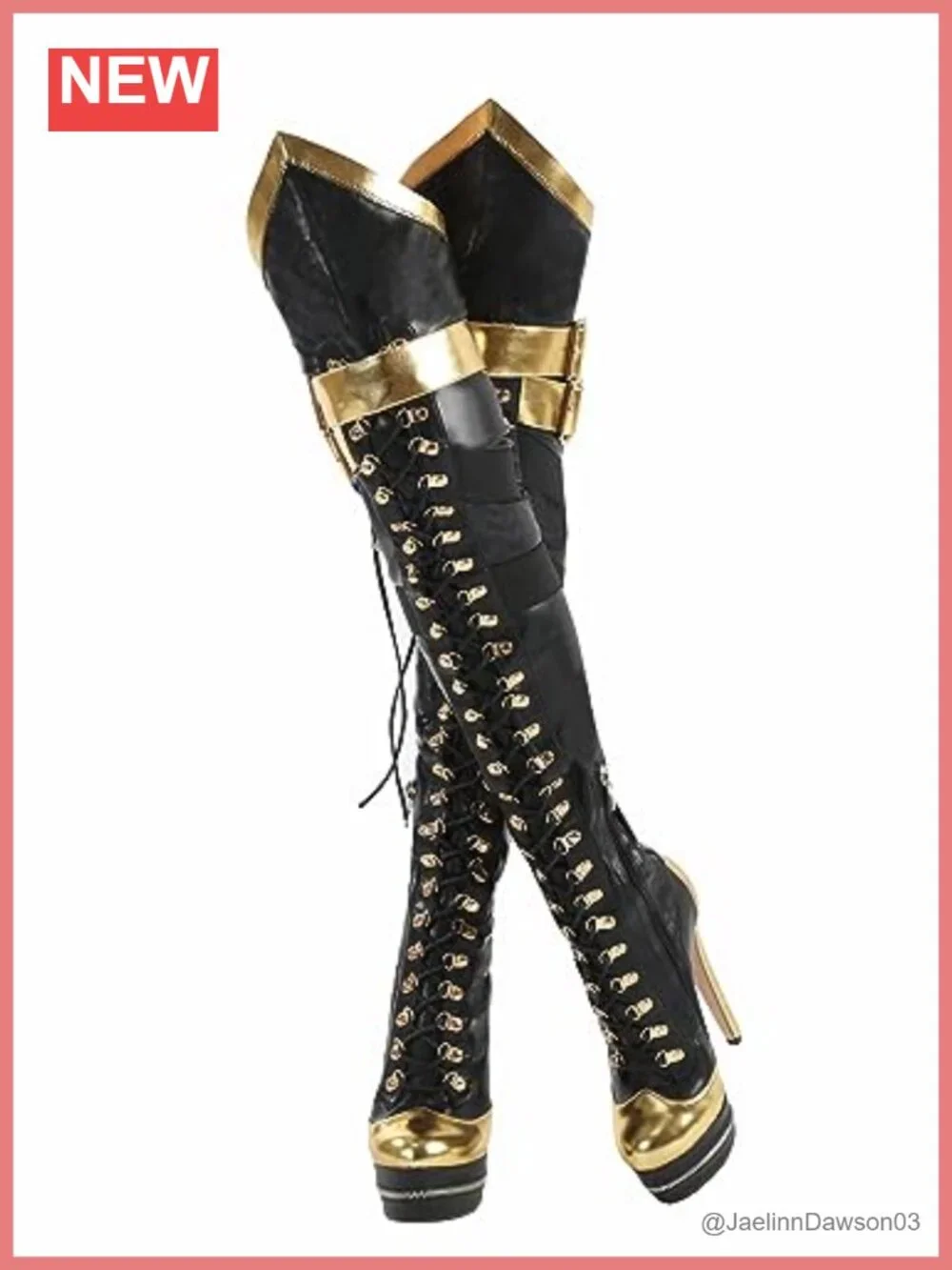 PU Leather Over the Knee Platform Boots Round Toe Lace Up Gold Strap Zip